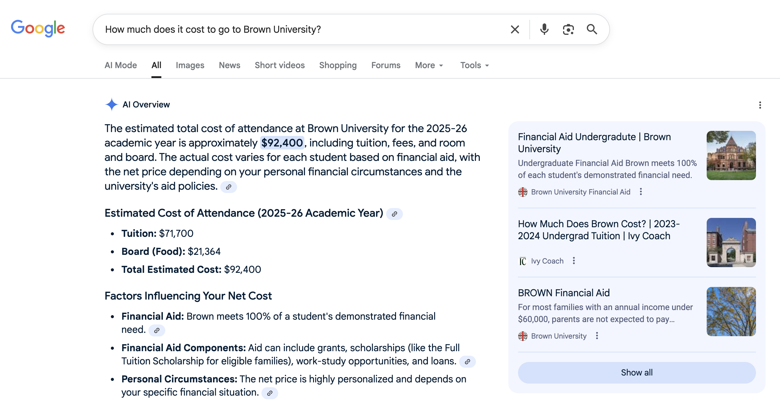 Google Generative AI result for Brown University tuition