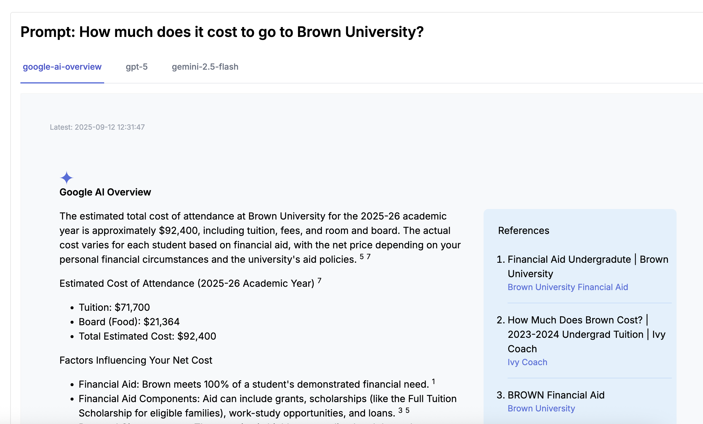 Tracked Generative AI result for Brown University tuition